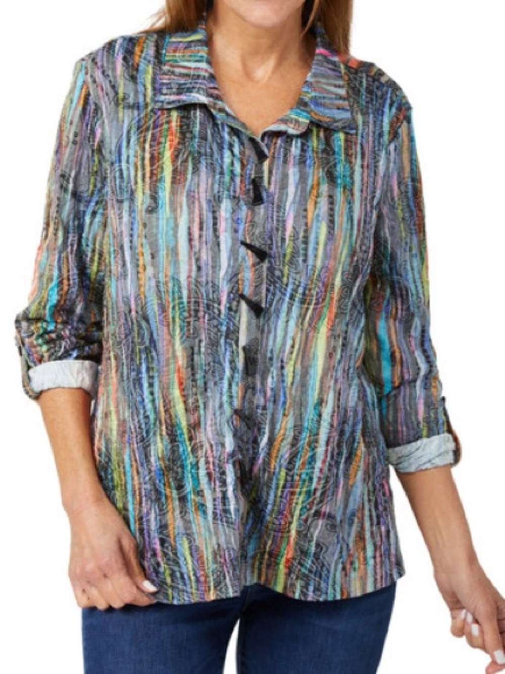 NWT Multicolor Striped Button-Up Women's Blouse with Unique Buttons